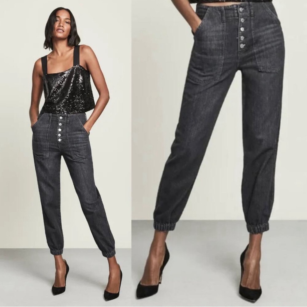 Veronica Beard Bolton High-rise Elastic Hem Button-Up Cropped Jeans Sz 30